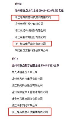 綠森榮獲溫州市重點(diǎn)文化企業(yè)和重點(diǎn)數(shù)字創(chuàng)意企業(yè)雙項(xiàng)殊榮